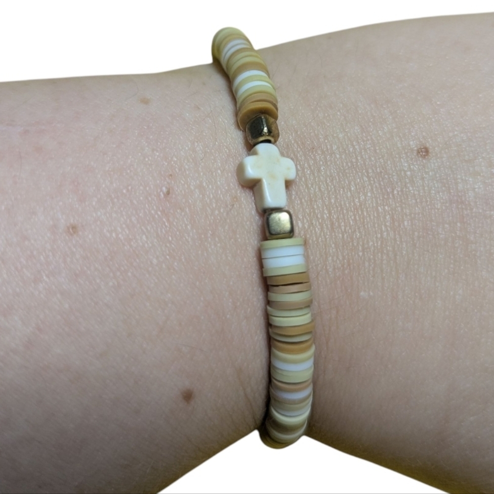 Handmade Beaded Bracelet Clay Beads Cross Charm Brown NEW